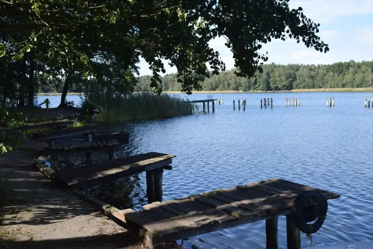Drewniane pomosty nad spokojnym, błękitnym jeziorem Chrzypsko Wielkie, otoczonym zielenią.