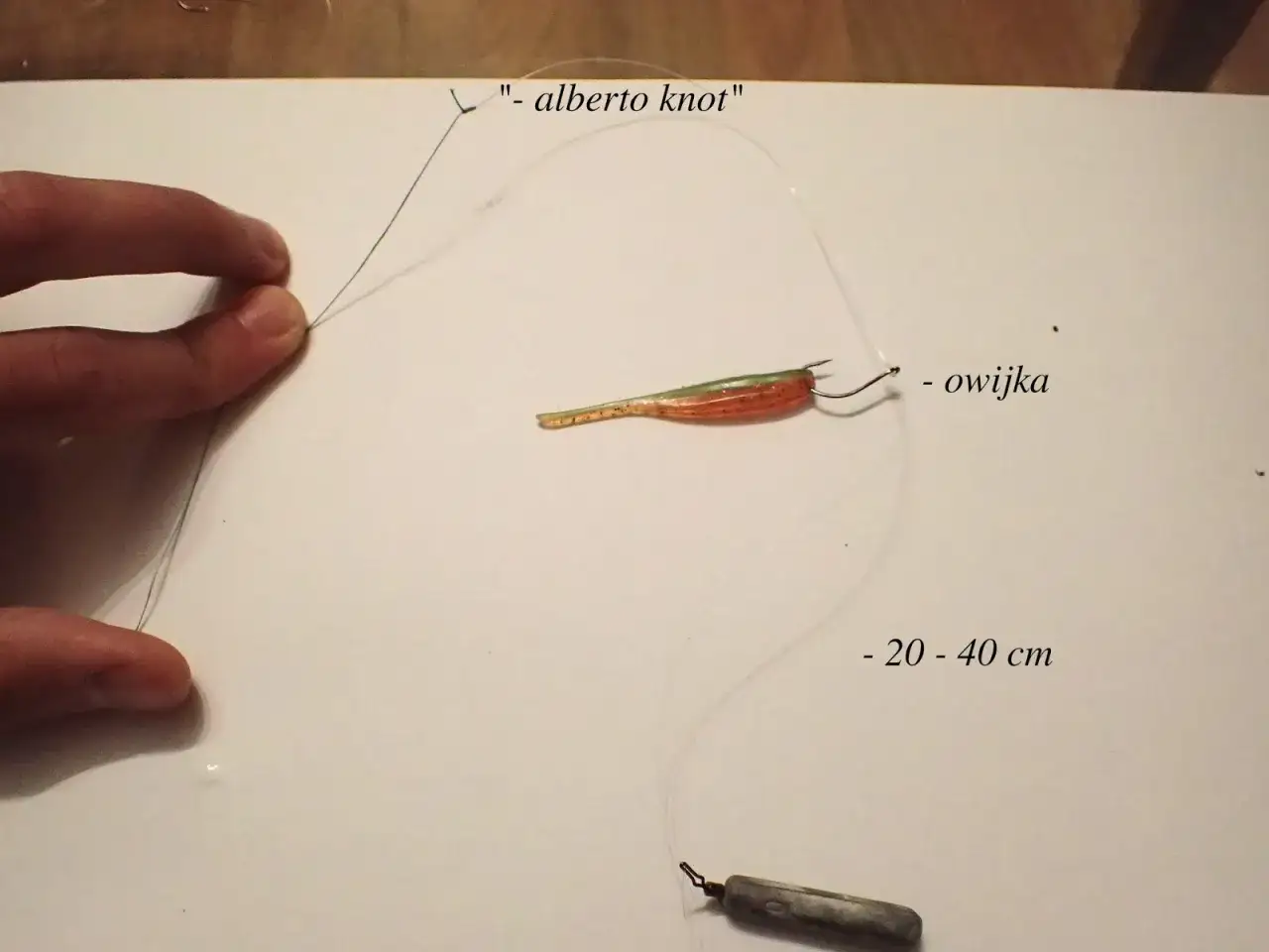 Jak zrobić zestaw drop shot: pokazano wędkę z przynętą, haczyk z owijką i ciężarek.