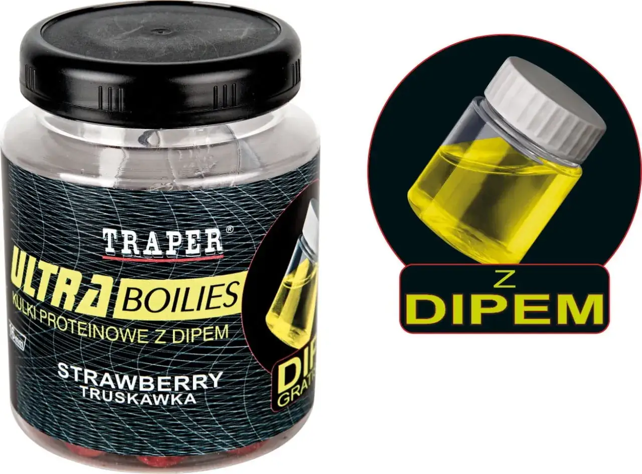 Słoik kulek proteinowych TRAPER Ultra Boilies o smaku truskawkowym, z dodatkiem dobrego dipu na karpia.